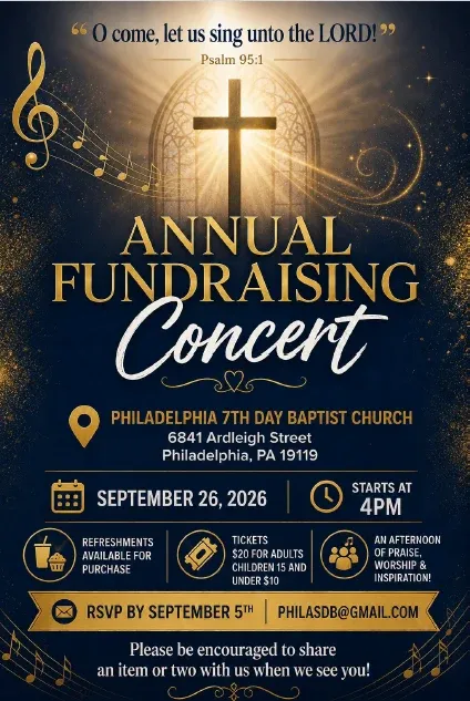 Annual Fundraising Concert flyer, September 26, 2026 at 4PM, Philadelphia 7th Day Baptist Church